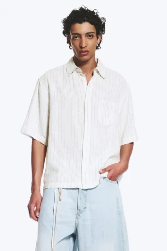 Camisas holgadas de manga corta en mezcla de lino – Rayas blancas/grises
