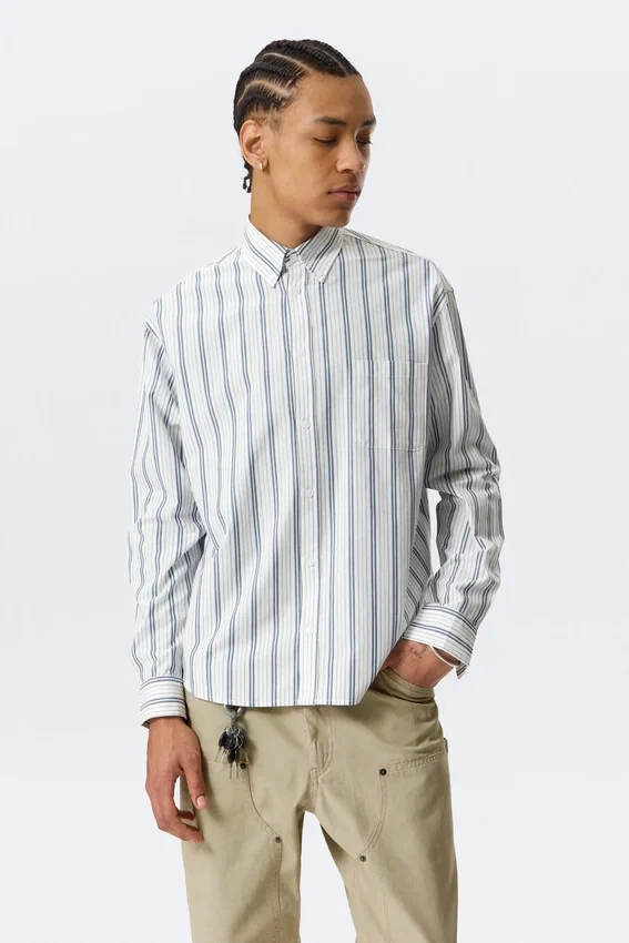 Camisas holgadas de popelín con botones – Blanca – Rayas azules Camisas holgadas de popelín con botones – Blanca – Rayas azules