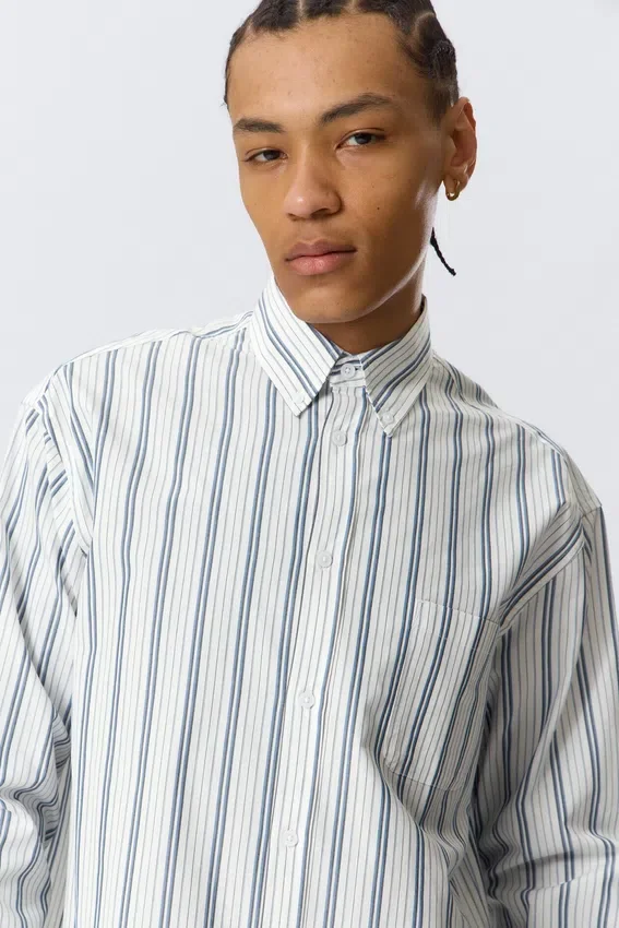 Camisas holgadas de popelín con botones – Blanca – Rayas azules Camisas holgadas de popelín con botones – Blanca – Rayas azules