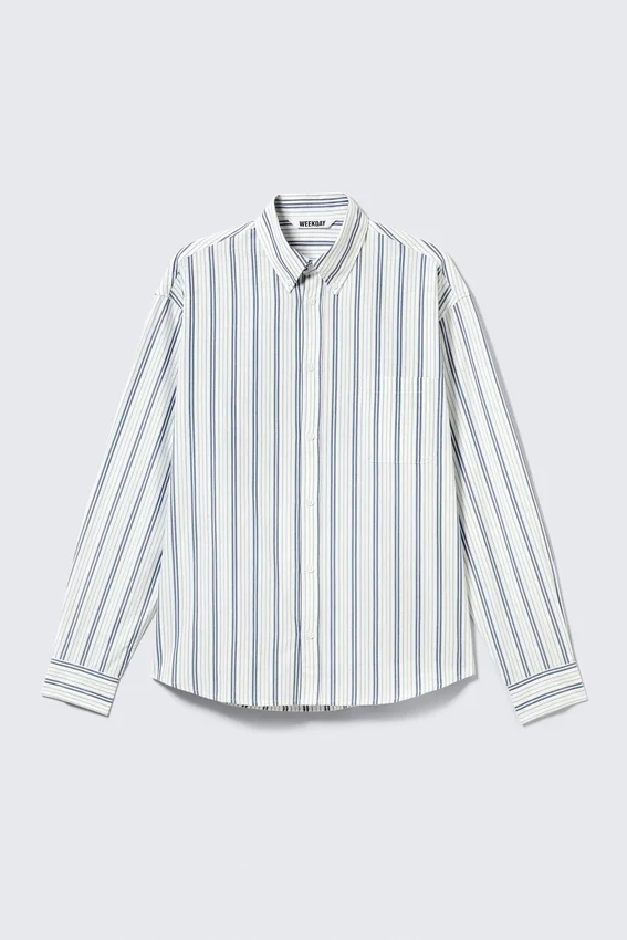 Camisas holgadas de popelín con botones – Blanca – Rayas azules Camisas holgadas de popelín con botones – Blanca – Rayas azules