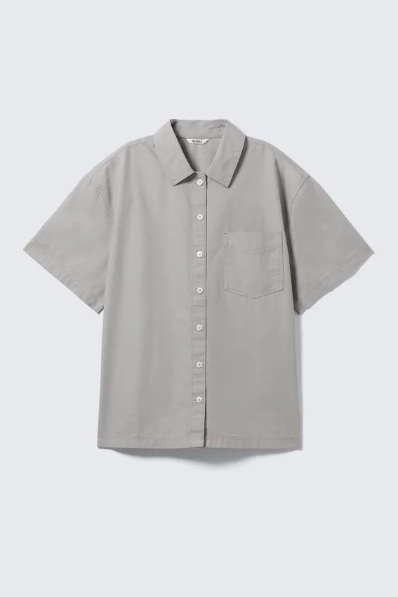 Camisas oversize de lona de algodón de manga corta – Gris claro Camisas oversize de lona de algodón de manga corta – Gris claro
