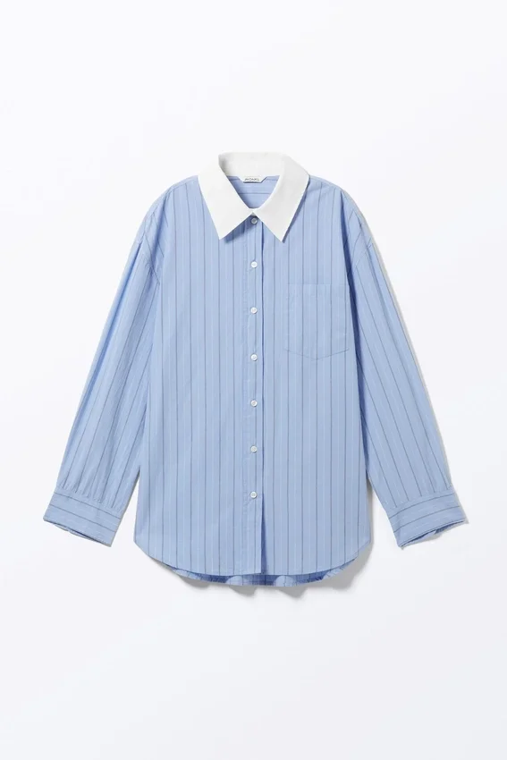 Camisas oversize de manga larga de popelín – Rayas azul claro Camisas oversize de manga larga de popelín – Rayas azul claro