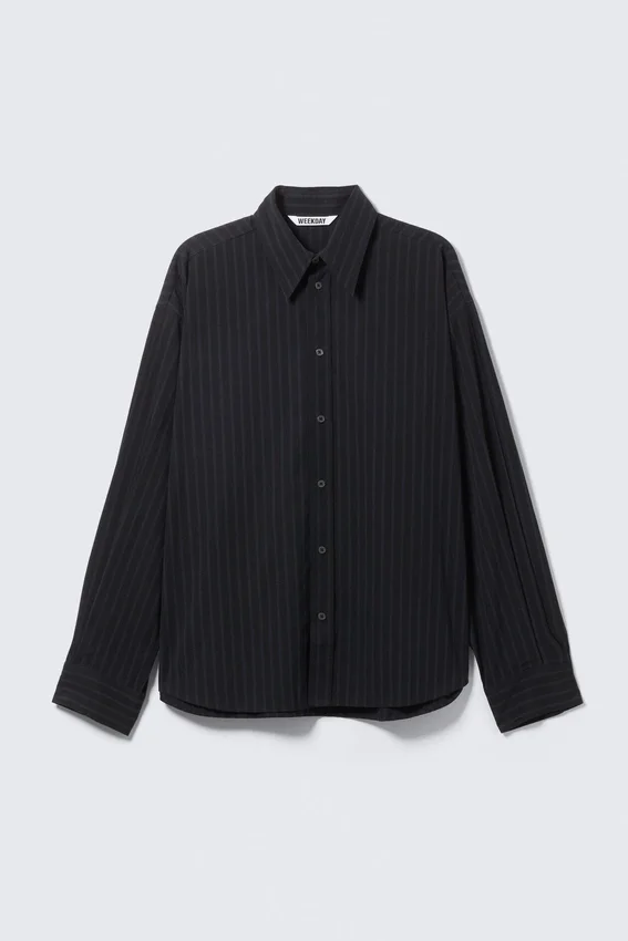 Camisas oversize de popelín con botones – Negra – Rayas azul oscuro Camisas oversize de popelín con botones – Negra – Rayas azul oscuro