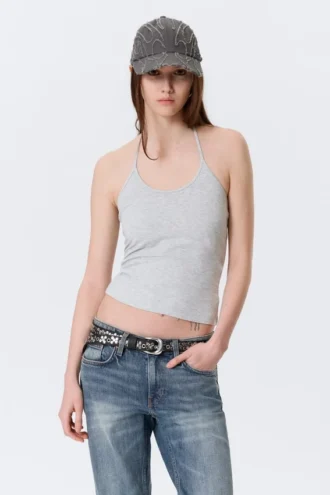 Camiseta ajustada de algodón con cuello halter – Gris jaspeado