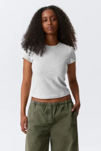 Camiseta ajustada de algodón de manga corta – Gris jaspeado