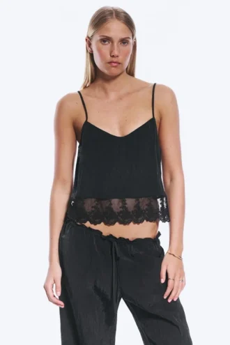 Camiseta corta con ribete de encaje – Negro