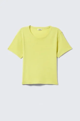 Camiseta corta de algodón acanalado estampada – Amarillo claro