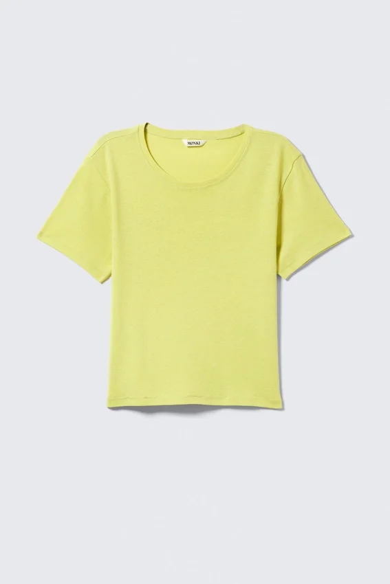 Camiseta corta de algodón acanalado estampada – Amarillo claro Camiseta corta de algodón acanalado estampada – Amarillo claro