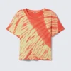 Camiseta corta de algodón acanalado estampada – Tie-dye rojo brillante