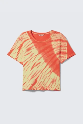 Camiseta corta de algodón acanalado estampada – Tie-dye rojo brillante
