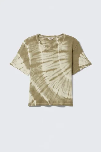 Camiseta corta de algodón acanalado estampada – Verde caqui teñido