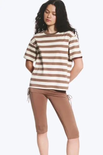 Camiseta de algodón de corte recto – Rayas blancas/marrones/melocotón
