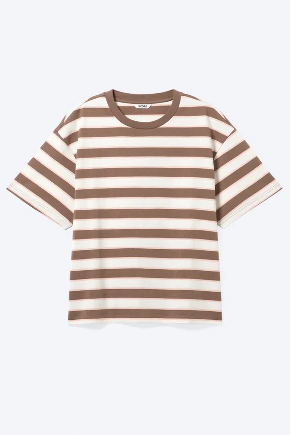 Camiseta de algodón de corte recto – Rayas blancas/marrones/melocotón Camiseta de algodón de corte recto – Rayas blancas/marrones/melocotón