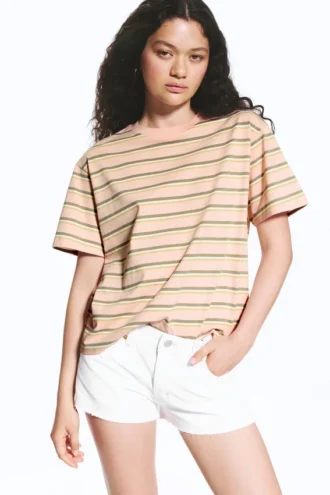 Camiseta de algodón de corte recto – Rayas rosa/caqui