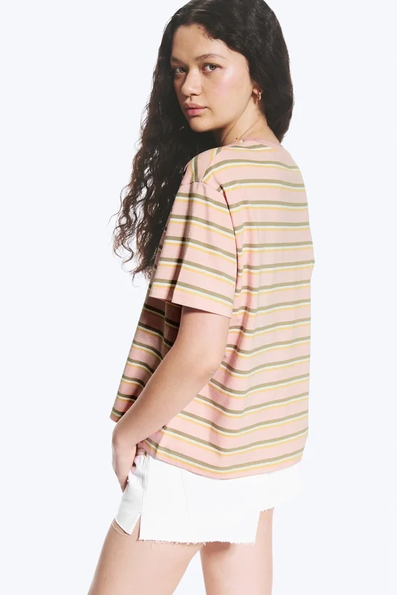 Camiseta de algodón de corte recto – Rayas rosa/caqui Camiseta de algodón de corte recto – Rayas rosa/caqui