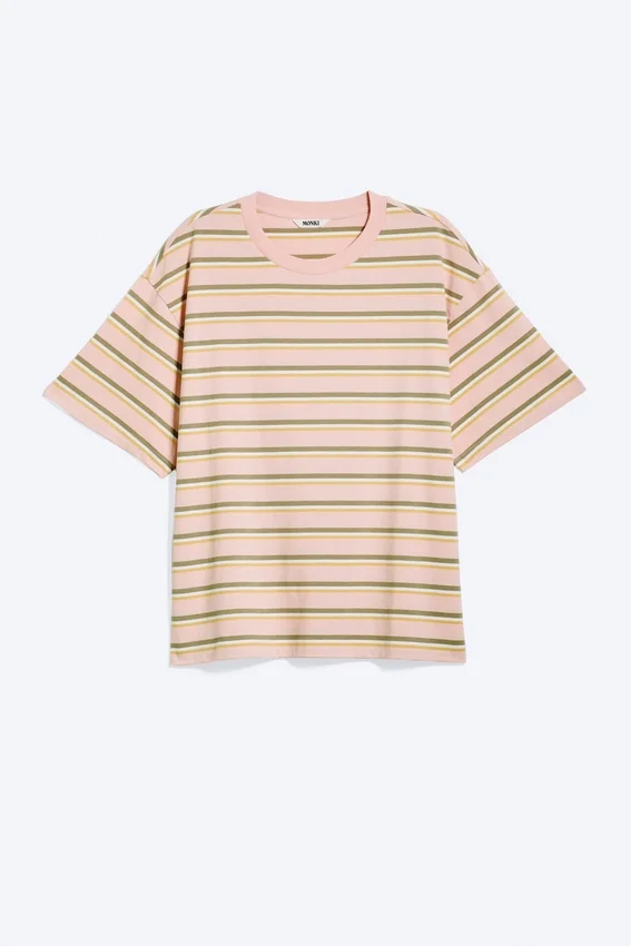 Camiseta de algodón de corte recto – Rayas rosa/caqui Camiseta de algodón de corte recto – Rayas rosa/caqui