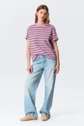 Camiseta de algodón de corte recto – Rayas rosas