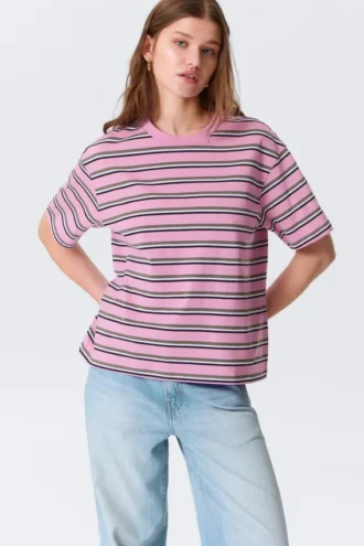 Camiseta de algodón de corte recto – Rayas rosas