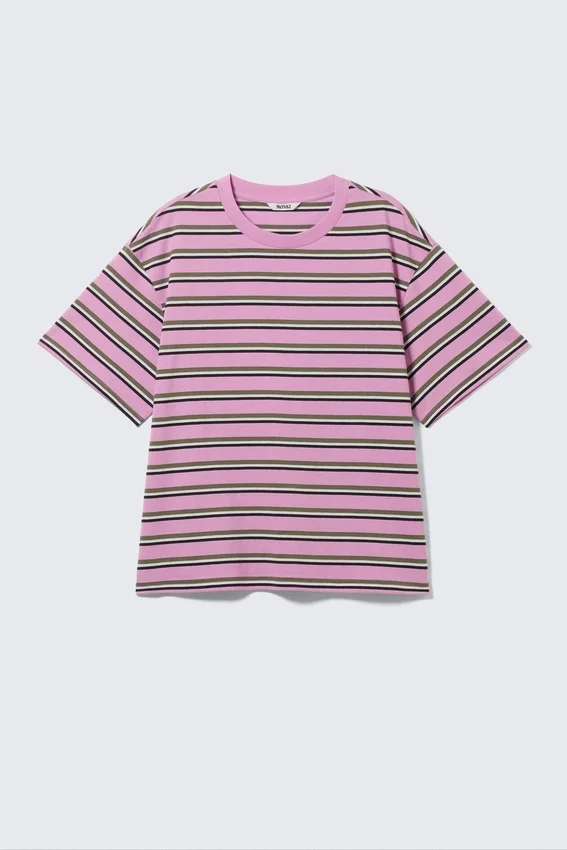 Camiseta de algodón de corte recto – Rayas rosas Camiseta de algodón de corte recto – Rayas rosas