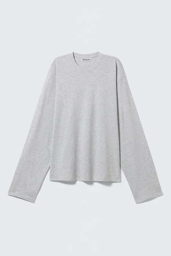 Camiseta de algodón de corte recto y manga larga – Gris jaspeado Camiseta de algodón de corte recto y manga larga – Gris jaspeado
