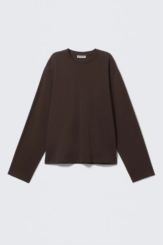 Camiseta de algodón de corte recto y manga larga – Marrón oscuro Camiseta de algodón de corte recto y manga larga – Marrón oscuro