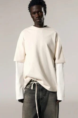 Camiseta de algodón de doble capa – Beige claro y blanco