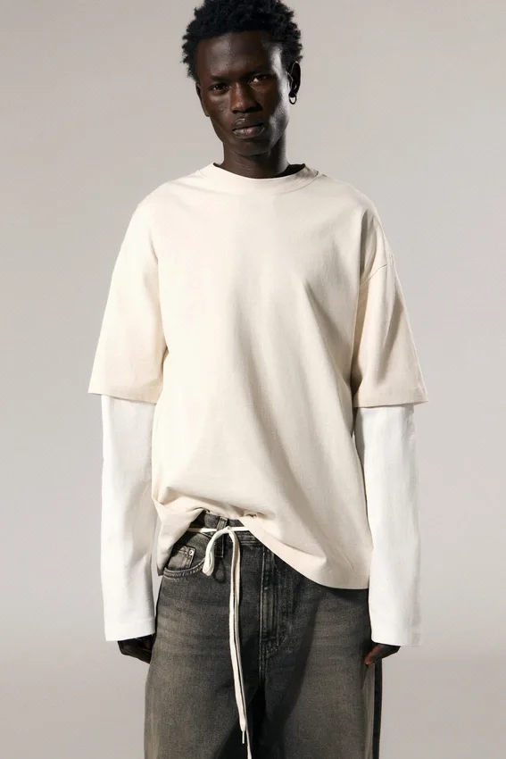 Camiseta de algodón de doble capa – Beige claro y blanco Camiseta de algodón de doble capa – Beige claro y blanco