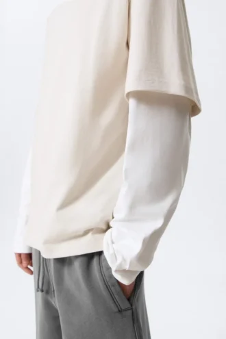 Camiseta de algodón de doble capa – Beige claro y blanco