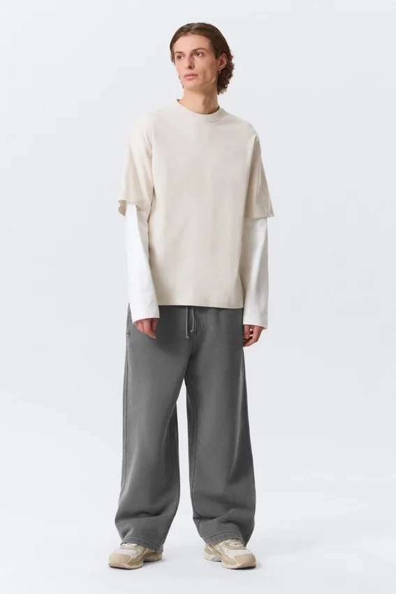 Camiseta de algodón de doble capa – Beige claro y blanco Camiseta de algodón de doble capa – Beige claro y blanco
