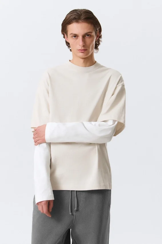 Camiseta de algodón de doble capa – Beige claro y blanco Camiseta de algodón de doble capa – Beige claro y blanco