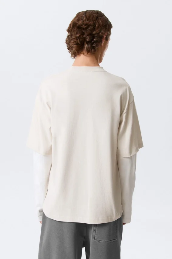 Camiseta de algodón de doble capa – Beige claro y blanco Camiseta de algodón de doble capa – Beige claro y blanco