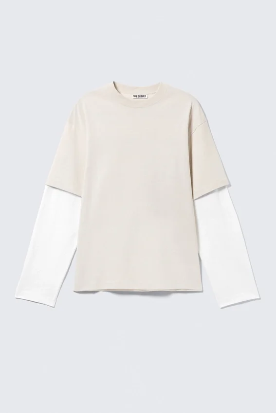 Camiseta de algodón de doble capa – Beige claro y blanco Camiseta de algodón de doble capa – Beige claro y blanco