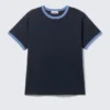 Camiseta de algodón de manga corta con ribetes en contraste – Azul oscuro – Ribete azul claro Camiseta de algodón de manga corta con ribetes en contraste – Azul oscuro – Ribete azul claro