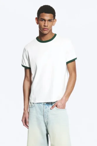 Camiseta de algodón de manga corta con ribetes en contraste – Blanca – Ribete verde