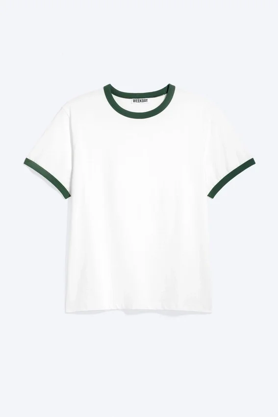 Camiseta de algodón de manga corta con ribetes en contraste – Blanca – Ribete verde Camiseta de algodón de manga corta con ribetes en contraste – Blanca – Ribete verde
