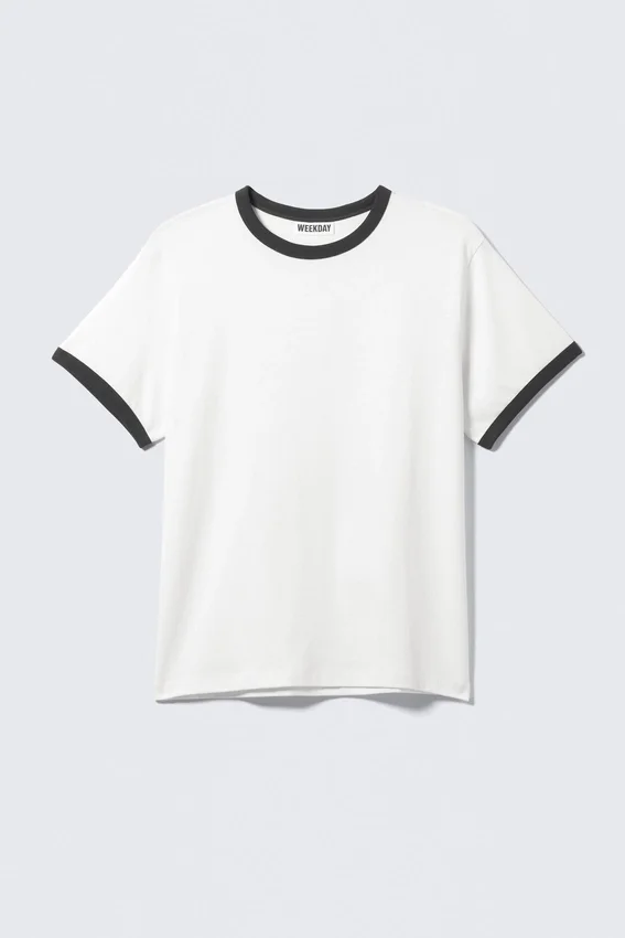 Camiseta de algodón de manga corta con ribetes en contraste – Blanco y negro Camiseta de algodón de manga corta con ribetes en contraste – Blanco y negro