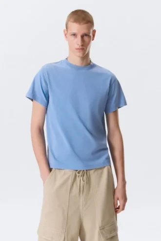 Camiseta de algodón de manga corta encogida – Azul Camiseta de algodón de manga corta encogida – Azul