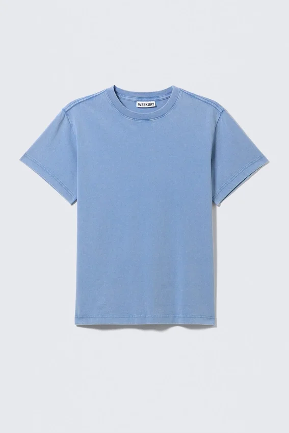 Camiseta de algodón de manga corta encogida – Azul Camiseta de algodón de manga corta encogida – Azul