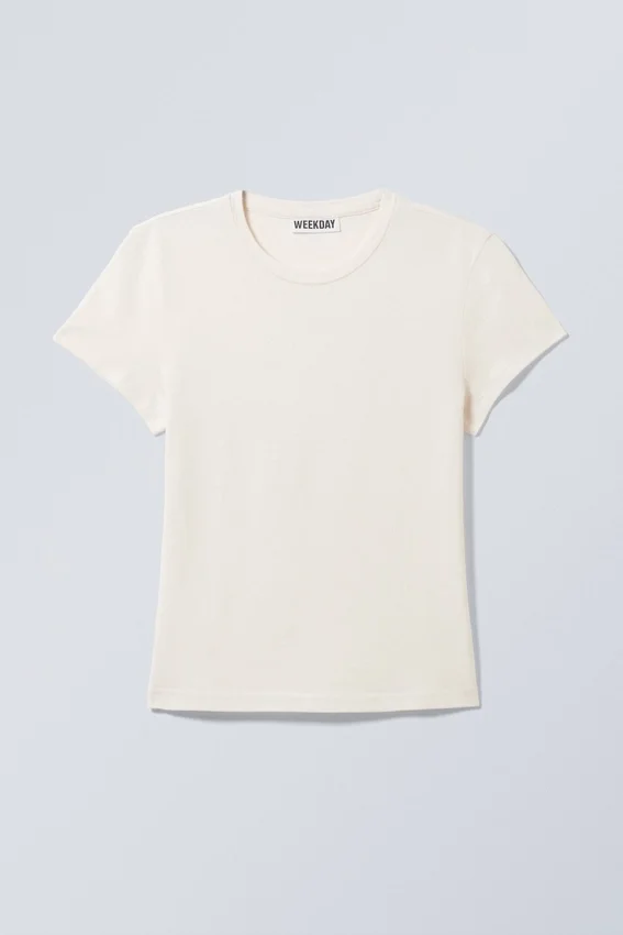 Camiseta de algodón de manga corta y corte entallado – Blanco roto Camiseta de algodón de manga corta y corte entallado – Blanco roto