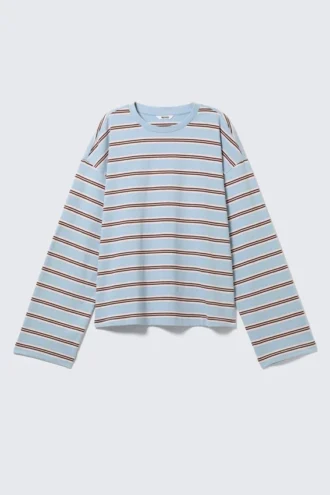 Camiseta de algodón de manga larga – Azul/Rayas multicolores
