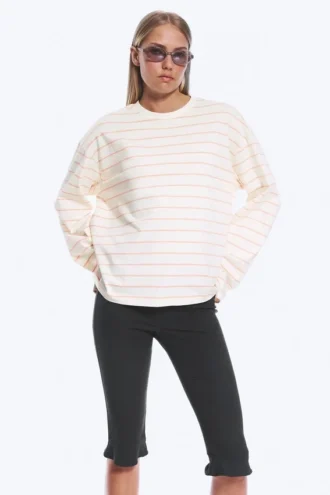 Camiseta de algodón de manga larga – Beige claro – Rayas naranjas