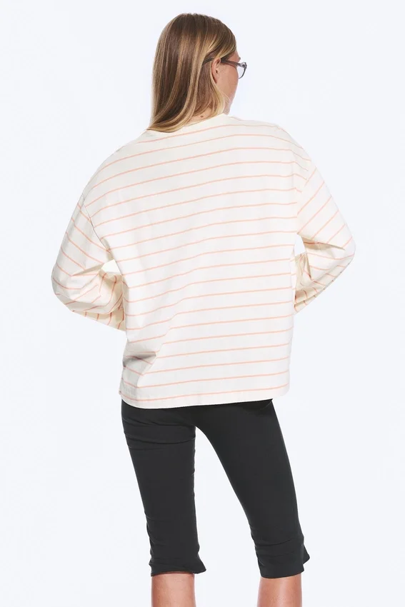 Camiseta de algodón de manga larga – Beige claro – Rayas naranjas Camiseta de algodón de manga larga – Beige claro – Rayas naranjas