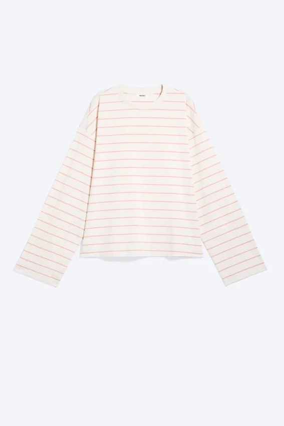Camiseta de algodón de manga larga – Beige claro – Rayas naranjas Camiseta de algodón de manga larga – Beige claro – Rayas naranjas