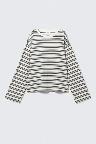 Camiseta de algodón de manga larga – Blanca – Rayas negras