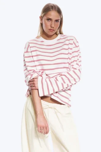 Camiseta de algodón de manga larga – Blanca – Rayas rosa/rojas