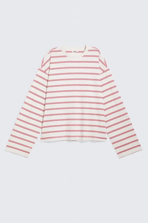 Camiseta de algodón de manga larga – Blanca – Rayas rosa/rojas Camiseta de algodón de manga larga – Blanca – Rayas rosa/rojas