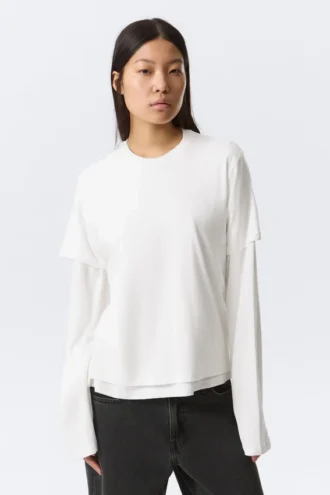 Camiseta de algodón de manga larga con capas – Blanca