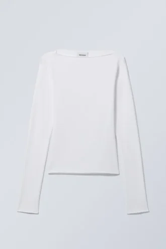 Camiseta de algodón de manga larga con cuello barco – Blanco
