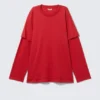 Camiseta de algodón de manga larga con efecto de capas – Rojo brillante Camiseta de algodón de manga larga con efecto de capas – Rojo brillante