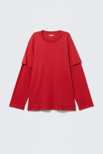 Camiseta de algodón de manga larga con efecto de capas – Rojo brillante
